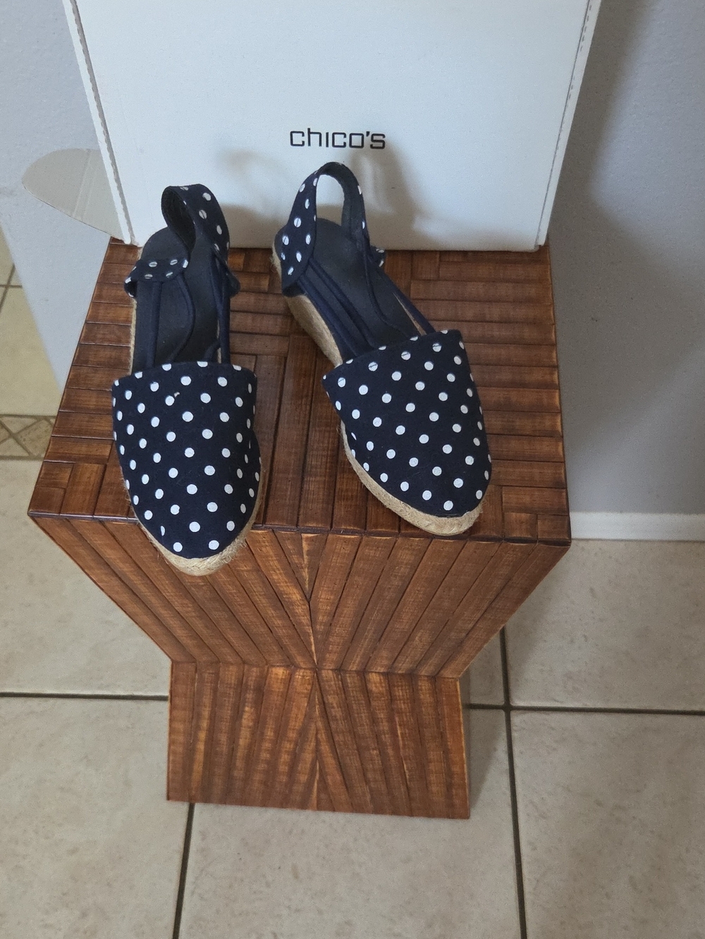 Chico's Navy Blue and White Polka Dot Espadrille Slingback Flats